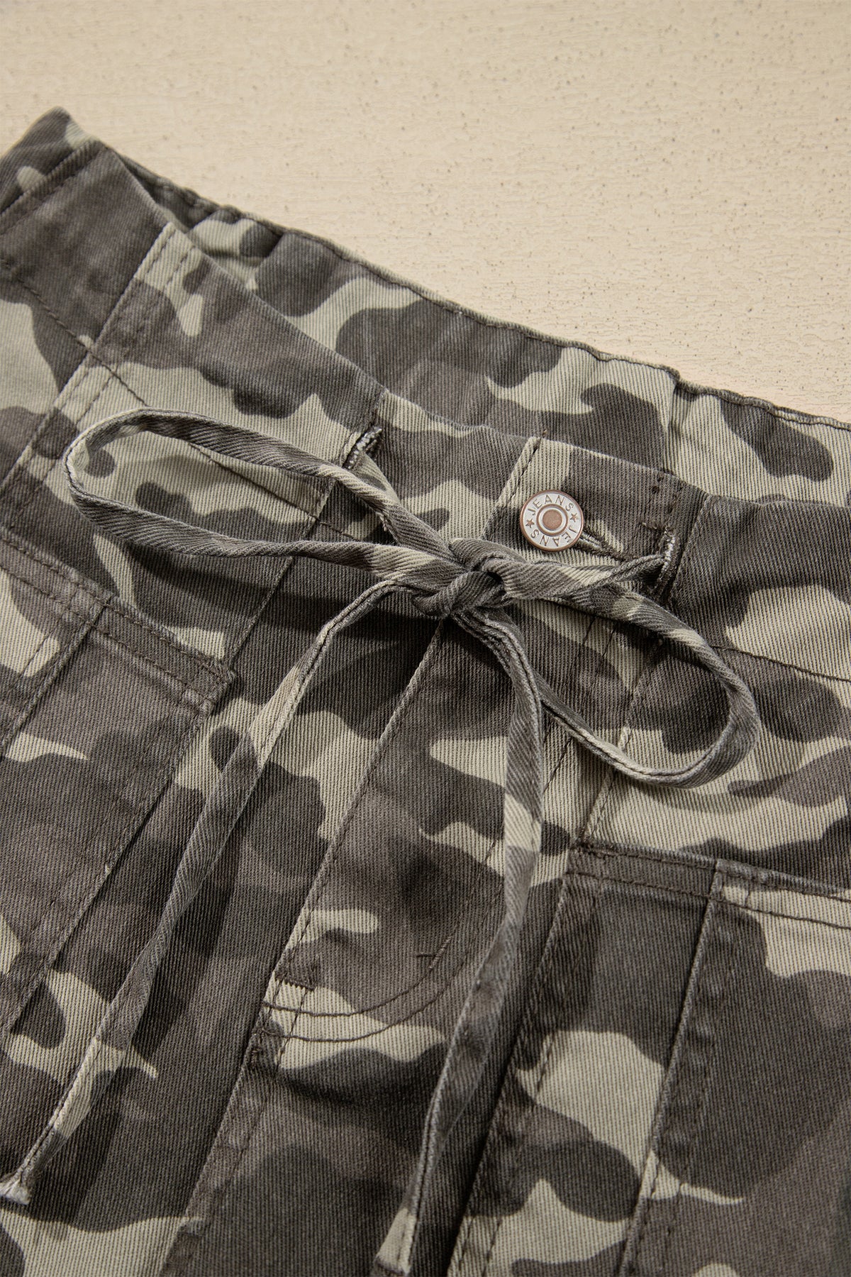 Khaki Leopard Printed Drawstring Elastic Waistband Pocketed Barrel Jeans