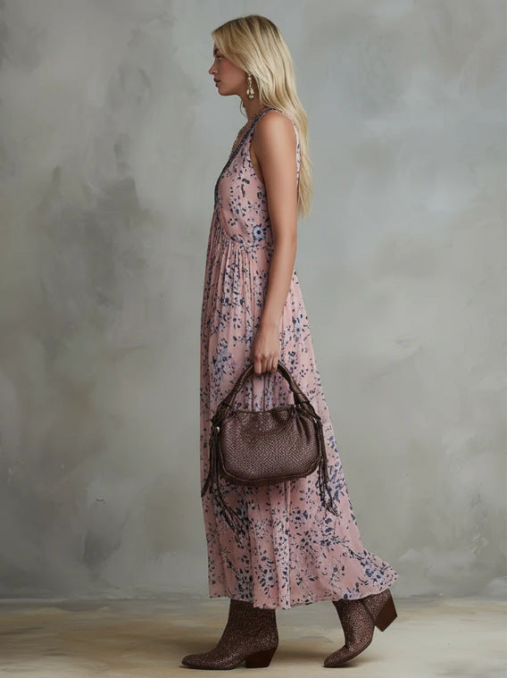 Vintage Floral Chiffon V-Neck Long Dress