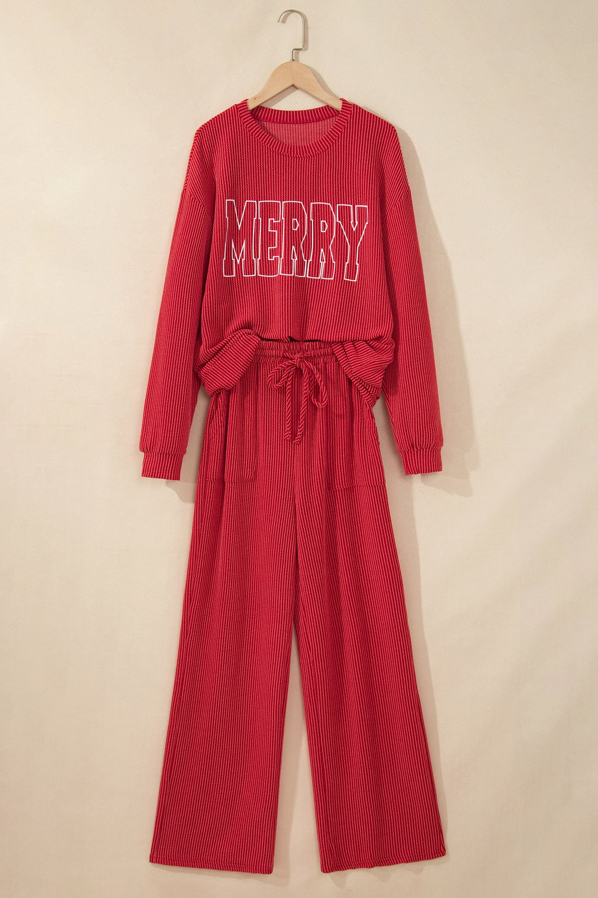 Fiery Red JOLLY Corded Long Sleeve Top and Pockets Pants Set