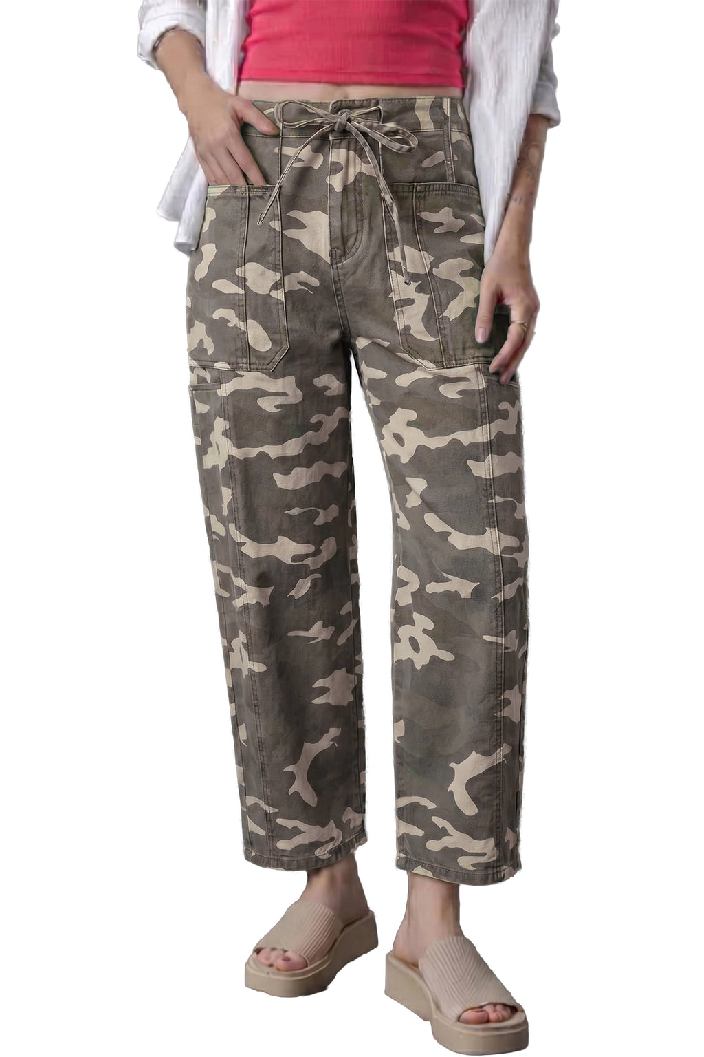 Khaki Leopard Printed Drawstring Elastic Waistband Pocketed Barrel Jeans