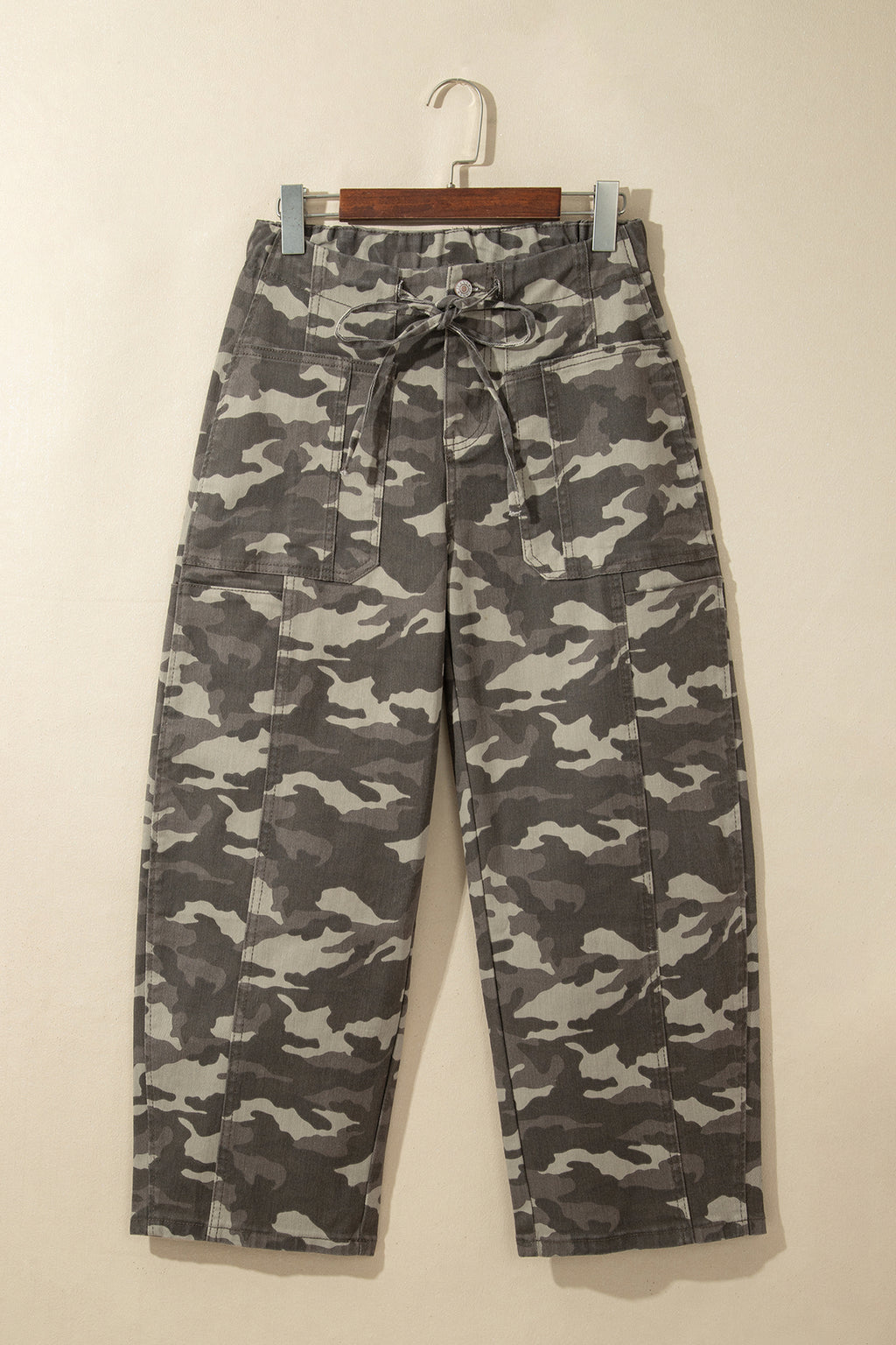 Khaki Leopard Printed Drawstring Elastic Waistband Pocketed Barrel Jeans