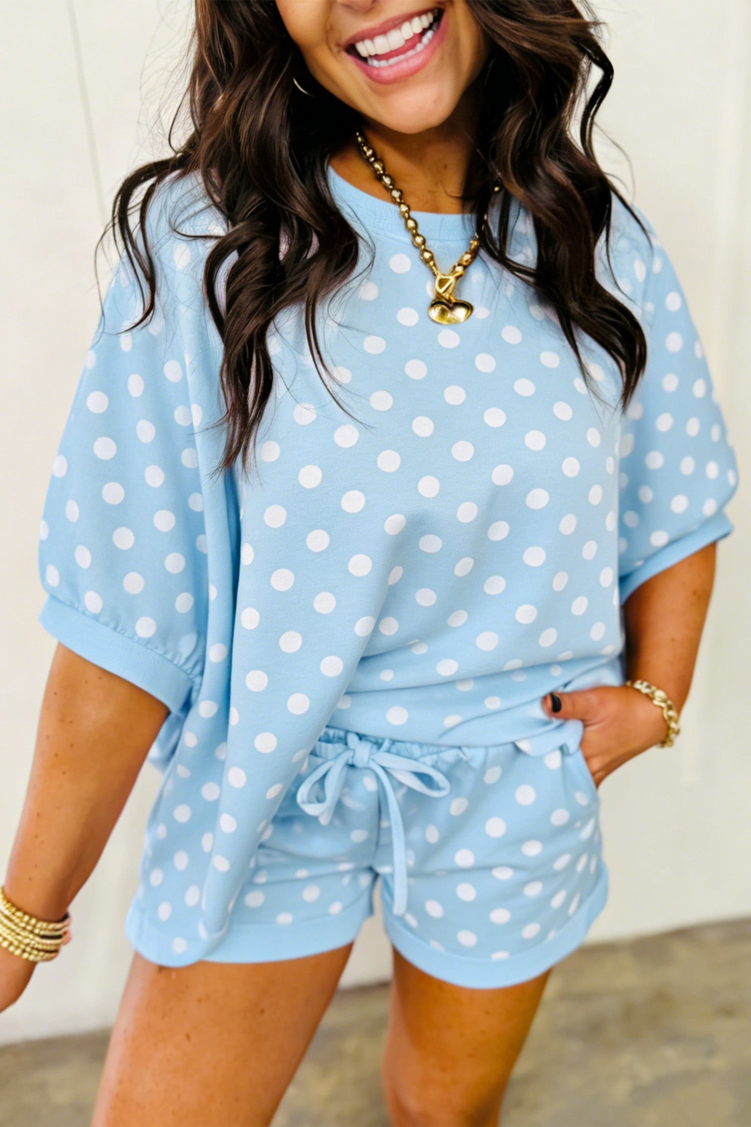 Beige Polka Dot Oversized Top Drawstring Short Set