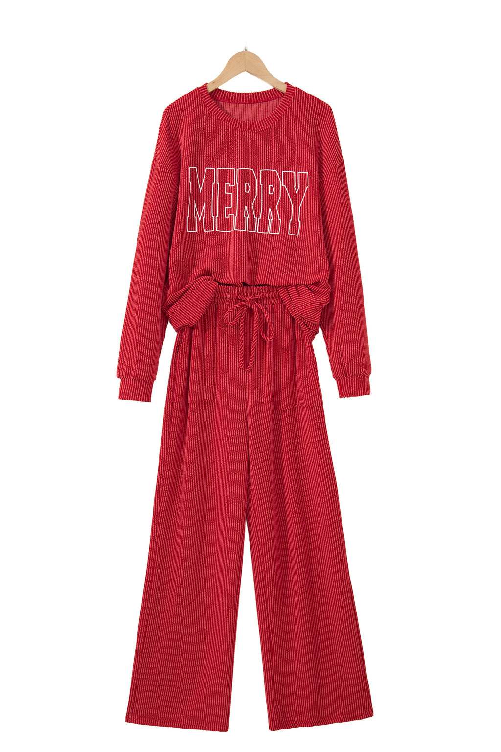 Fiery Red JOLLY Corded Long Sleeve Top and Pockets Pants Set