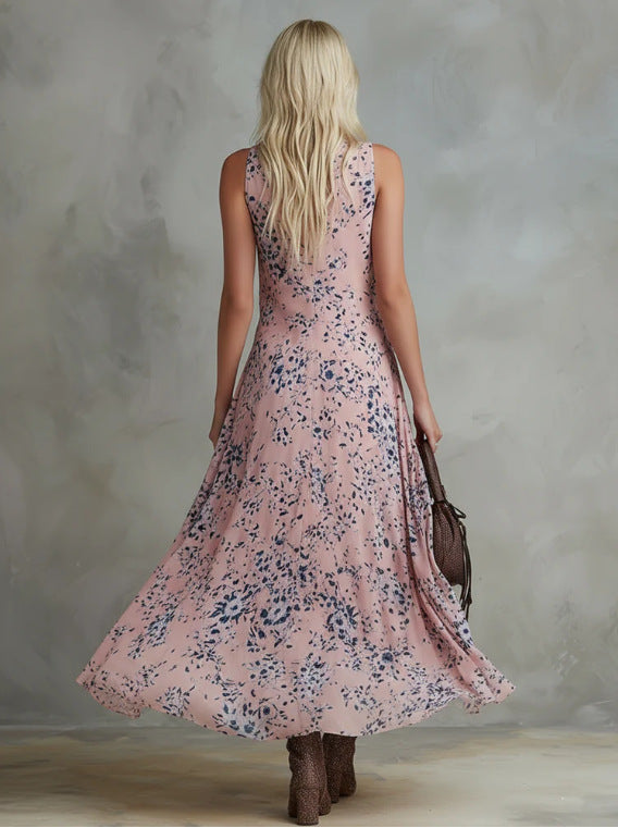 Vintage Floral Chiffon V-Neck Long Dress