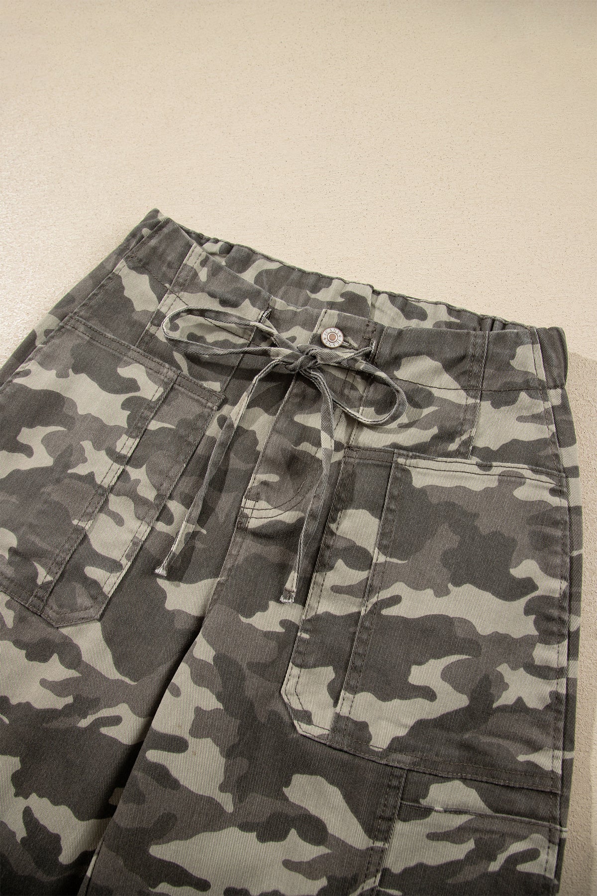 Khaki Leopard Printed Drawstring Elastic Waistband Pocketed Barrel Jeans