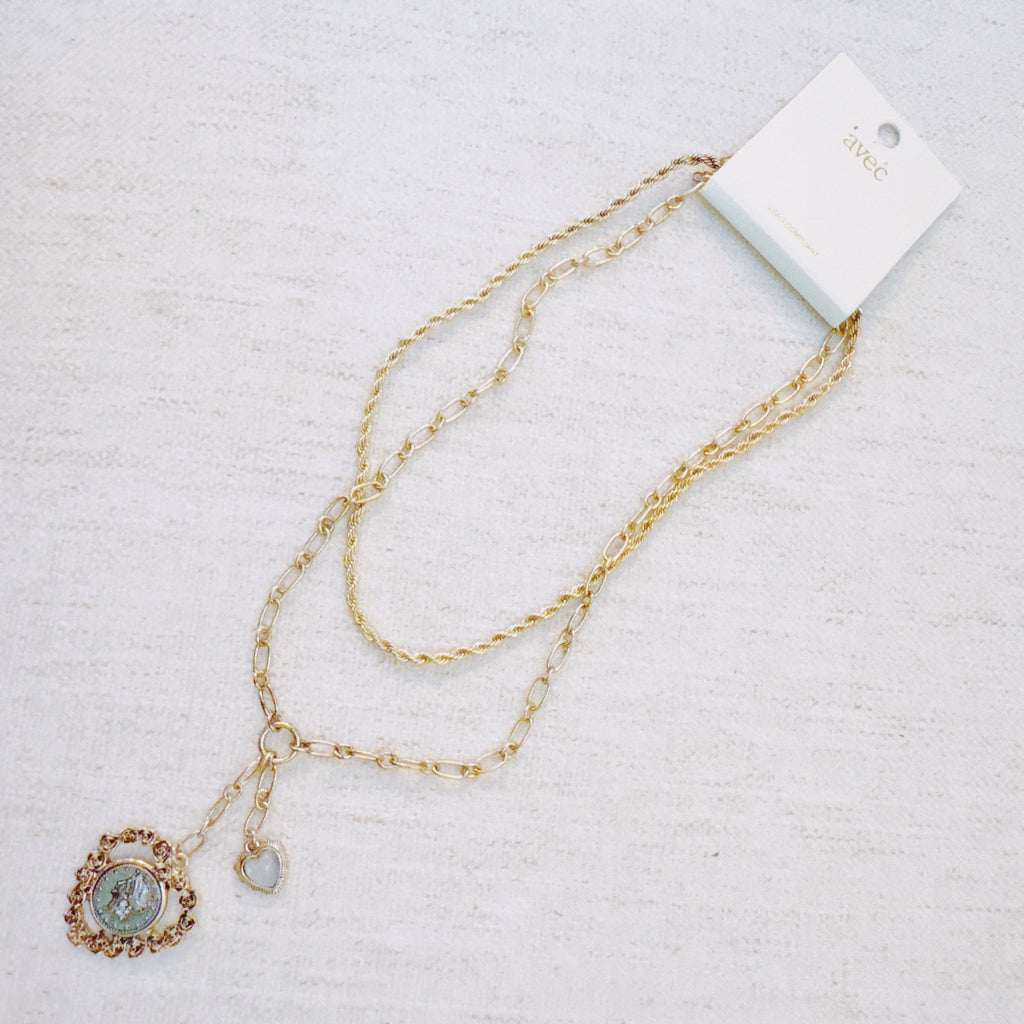 Double Chain Heart Pendant Necklace – Layered Gold Links with Vintage-Style Charm