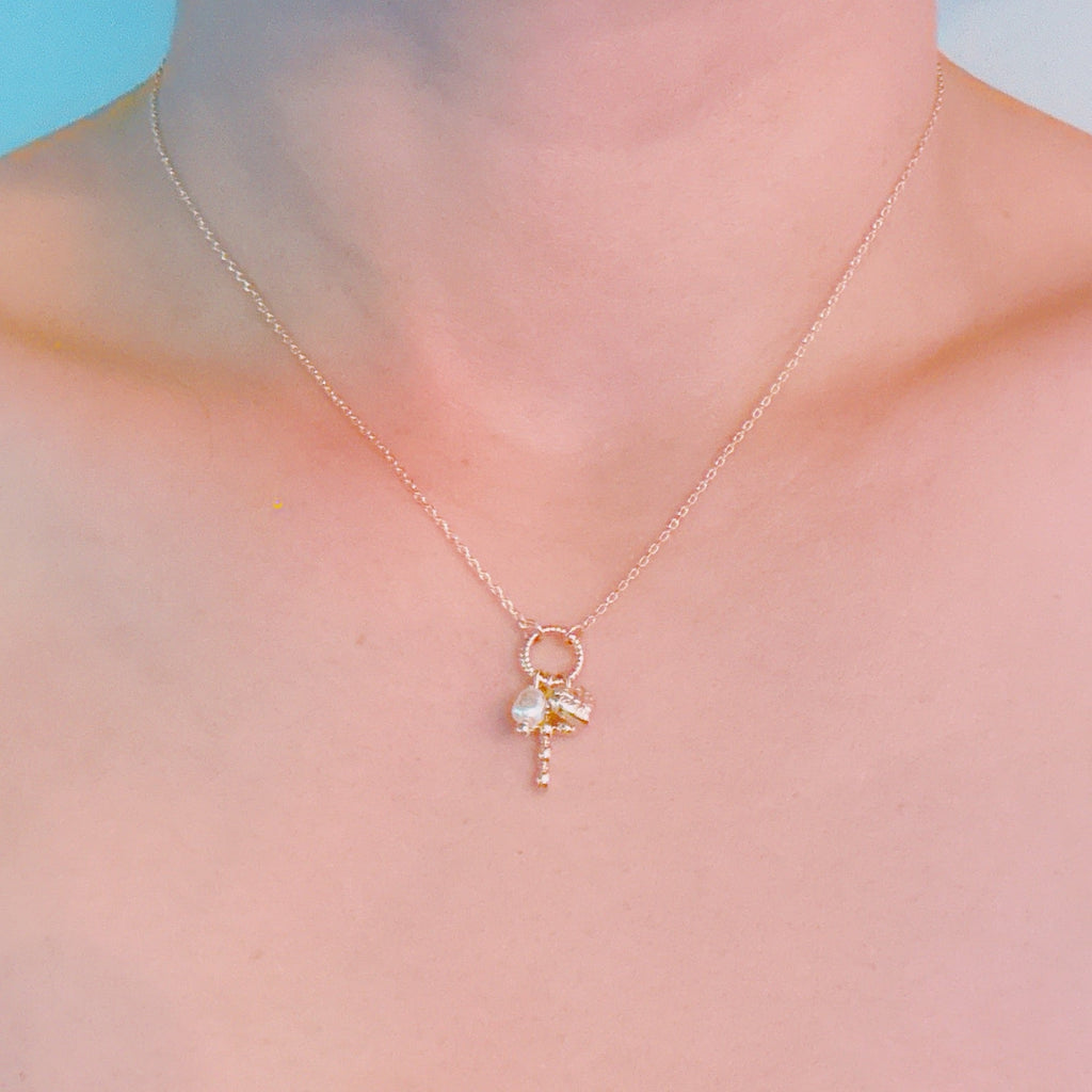 Faith & Love Charm Necklace – Gold-Tone Chain with Heart, Cross, and Pearl Charms