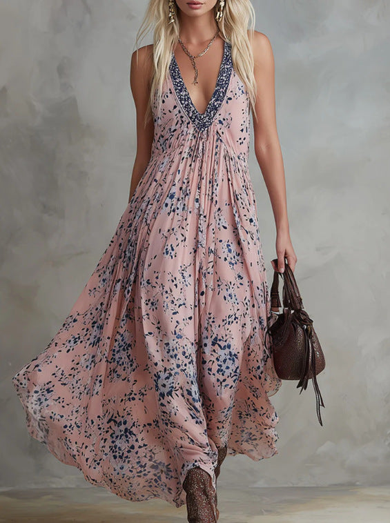Vintage Floral Chiffon V-Neck Long Dress