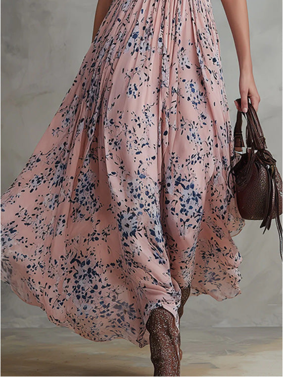 Vintage Floral Chiffon V-Neck Long Dress