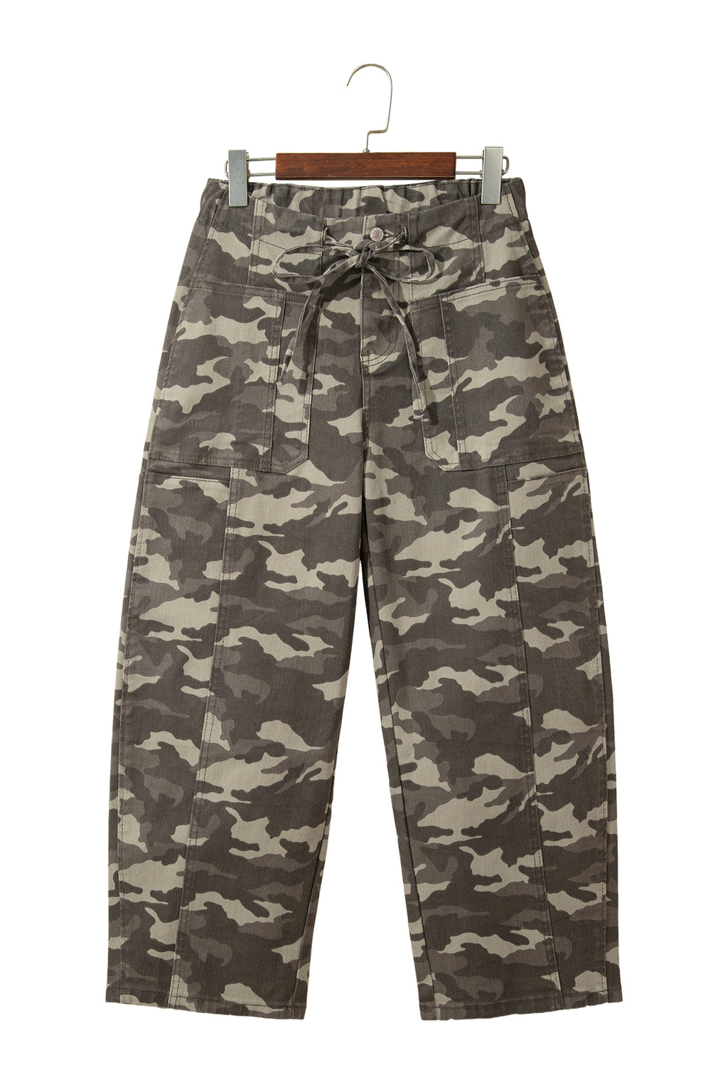 Khaki Leopard Printed Drawstring Elastic Waistband Pocketed Barrel Jeans