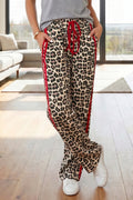 Red Contrast Detail Tie Waist Leopard Print Casual Pants