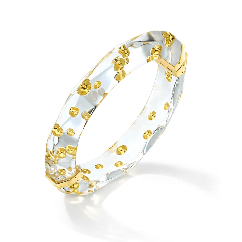 Thin Clear Faceted Lucite Bangle with Gold Beads